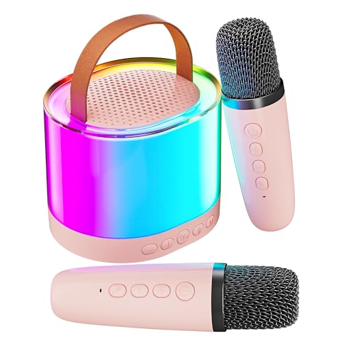 Ankuka Tragbare Karaoke Maschine mit 2 Drahtlosen Mikrofon, Bluetooth Lautsprecher Box mit Lichteffekte für Kinder Erwachsene，Unterstützt TF/USB,AUX in, für Party, Geburtstag(Rosa) von Ankuka