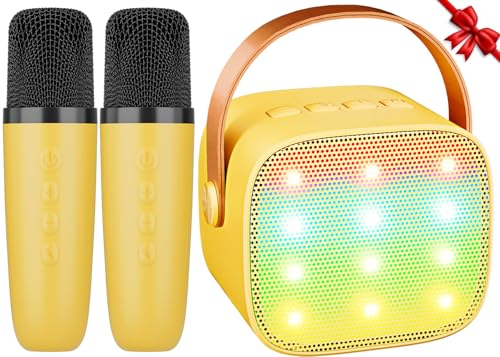 Karaoke Maschine Kinder Mini Karaoke Maschine mit 2 Mikrofonen Bluetooth-Lautsprecher mit LED-Lichtern und Stimmenverzerrer, Geschenk für Mädchen 3, 4, 5, 6, 7, 8, 9,10,11,12+ Jahre (Gelb) von Ankuka
