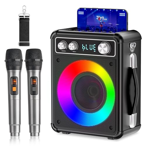 Tragbare Karaoke Maschine mit 2 Drahtlosen Mikrofone, Ankuka Bluetooth Lautsprecher Box für Erwachsene/Kinder mit LED Lichteffekte, Unterstützt TF/USB, FM, Rec, AUX in, TWS für Party, Geburtstag von Ankuka