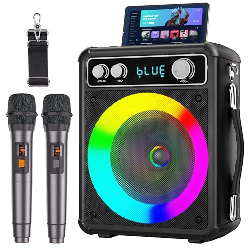 Tragbare Karaoke Maschine mit 2 Drahtlosen Mikrofone, Ankuka Bluetooth Lautsprecher Box für Erwachsene/Kinder mit LED Lichteffekte, Unterstützt TF/USB, FM, Rec, AUX in, TWS für Party, Geburtstag von Ankuka