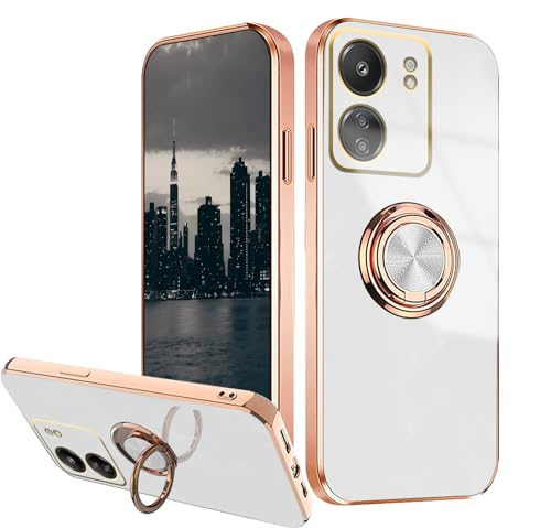 Anlalish Handyhülle Kompatibel mit Redmi 13C 4g Hülle Galvanik mit 360° Rotating Ständer Magnet Schwarz, Schutzhülle Poco C65 Silikon Weiches TPU Slim Case Kratzfestes (Weiß) von Anlalish