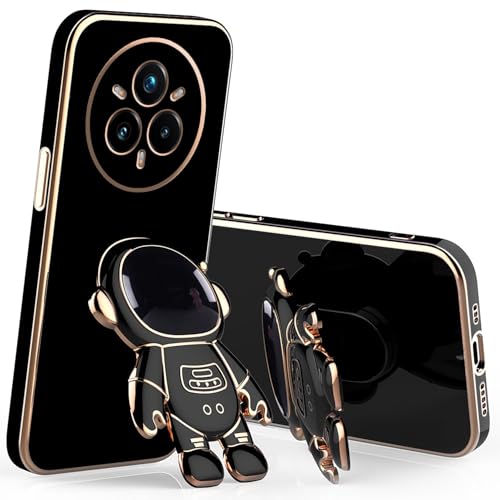 Anlalish Handyhülle für Realme 14 Pro Hülle Silikon mit Astronaut Handyhalterung, Kompatibel mit Schutzhülle Realme 14 Pro 5g Case Plattierung Bumper Soft TPU Stoßfest Slim Cover (Schwarz) von Anlalish