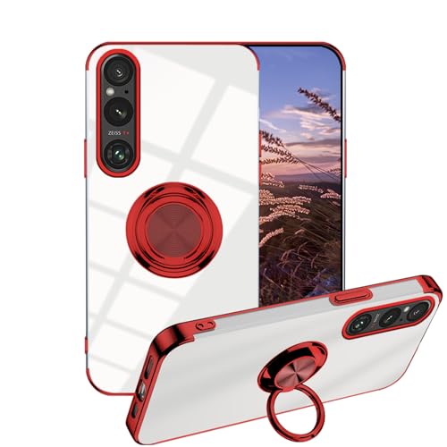 Anlalish Handyhülle für Sony Xperia 1 VI Hülle Transparente mit Ring Halter, Slim Cover Weich TPU Schutzhülle Sony Xperia 1 VI Silikon Magnetische Autohalterung Stoßfest Original Case Dünn (Rot) von Anlalish