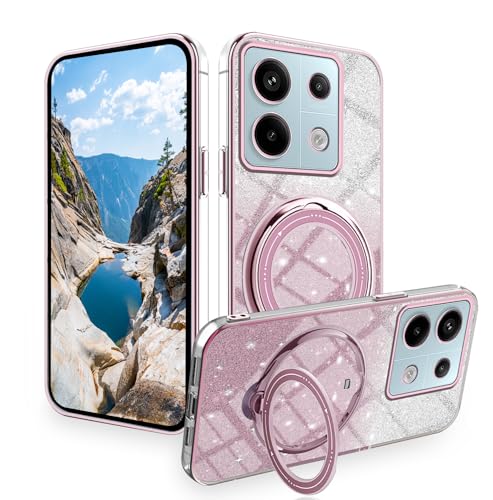 Handyhülle Kompatibel mit Poco M6 Pro Hülle Silikon Transparente mit Ring Ständer, Schutzhülle Xiaomi Poco M6 Pro 4g Case Glitzer Unterstützung für Wireless-Aufladen Stoßfest Kratzfest Cover (Rosa) von Anlalish