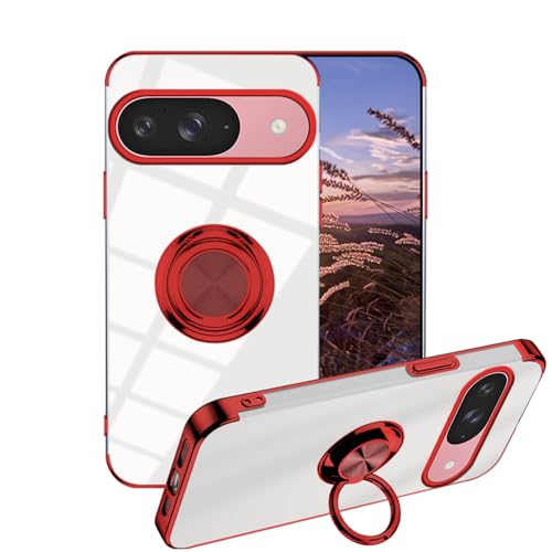 Handyhülle für Google Pixel 9 Hülle Transparente mit Ring Halter, Slim Cover Weich TPU Schutzhülle Google Pixel 9 Silikon Magnetische Autohalterung Stoßfest Original Case Dünn (Rot) von Anlalish