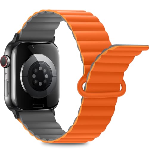 Anlinser Kompatibel mit Apple Watch Armband 45mm 44mm 42mm 41mm 40mm 38mm, Doppelseitiges Wendbares mit Loop Magnetic Ersatzband für iWatch Ultra 2 Serie 9/8/7/6/5/4/3/SE (41/40/38, Grau/Orange) von Anlinser