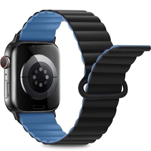 Anlinser Kompatibel mit Apple Watch Armband 49/46/45/44/42/41/40/38mm, Doppelseitiges Wendbares mit Loop Magnetic Ersatzband für iWatch Serie 10/9/8/7-1SE (42/41/40/38, Schwarz/Blau) von Anlinser
