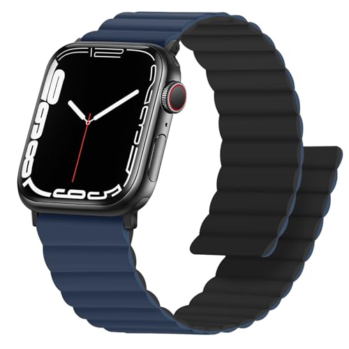 Anlinser Magnetbänder Kompatibel mit Apple Watch Armband 45mm 44mm 42mm 41mm 40mm 38mm,Doppelseitiges Wendbares Silikon-Ersatzband für iWatch Ultra 2 Serie 9/8/7/6/5/3/SE(49/45/44,Dunkelblau/Schwarz) von Anlinser