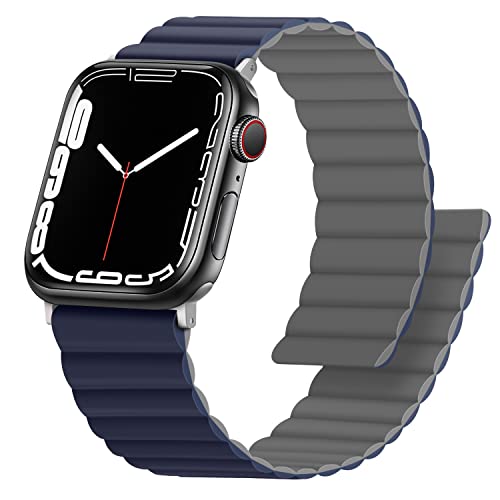 Anlinser Magnetbänder Kompatibel mit Apple Watch Armband 45mm 44mm 42mm 41mm 40mm 38mm,Doppelseitiges Wendbares Silikon-Ersatzband für iWatch Ultra 2 Serie 9/8/7/6/5/3/SE(49/45/44/42,Dunkelblau/Grau) von Anlinser