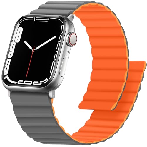 Anlinser Magnetbänder Kompatibel mit Apple Watch Armband 45mm 44mm 42mm 41mm 40mm 38mm,Doppelseitiges Wendbares Silikon-Ersatzband für iWatch Ultra 2 Serie 9/8/7/6/5/3/SE(41/40/38, Grau/Orange) von Anlinser
