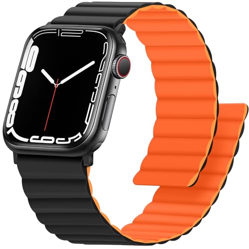 Anlinser Magnetbänder Kompatibel mit Apple Watch Armband 45mm 44mm 42mm 41mm 40mm 38mm,Doppelseitiges Wendbares Silikon-Ersatzband für iWatch Ultra 2 Serie 9/8/7/6/5/3/SE(41/40/38, Schwarz/Orange) von Anlinser