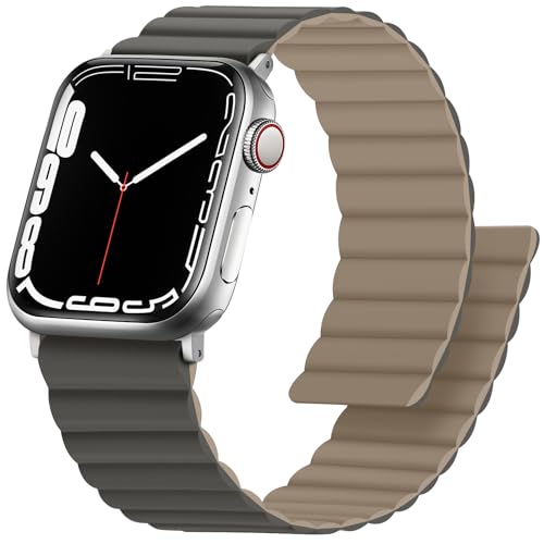 Anlinser Magnetbänder Kompatibel mit Apple Watch Armband 45mm 44mm 42mm 41mm 40mm 38mm,Doppelseitiges Wendbares Silikon-Ersatzband für iWatch Ultra 2 Serie 9/8/7/6/5/3/SE(49/45/44/42, Grau/Kaffee) von Anlinser