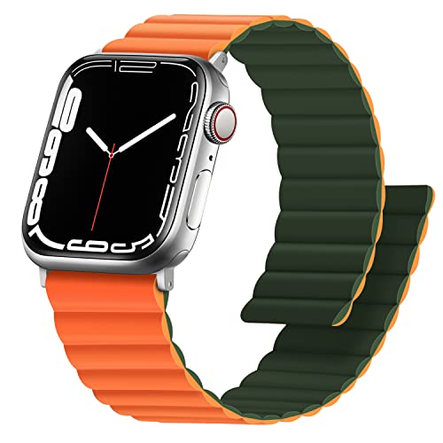 Anlinser Magnetbänder Kompatibel mit Apple Watch Armband 45mm 44mm 42mm 41mm 40mm 38mm,Doppelseitiges Wendbares Silikon-Ersatzband für iWatch Ultra 2 Serie 9/8/7/6/5/3/SE(49/45/44/42, Grün/Orange) von Anlinser