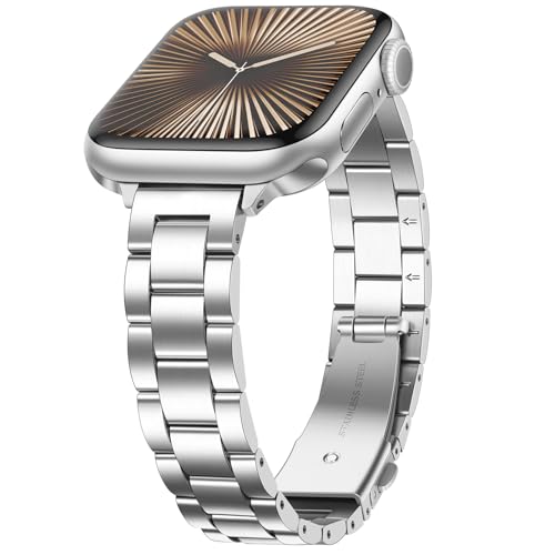 Anlinser Metallarmband Kompatibel mit Apple Watch Armband 49mm 46mm 45mm 44mm 42mm, Schmales Edelstahlarmband für iWatch Ultra 2 Serie 10 9 8 7 6 5 4 3 2 1 SE (Silber) von Anlinser