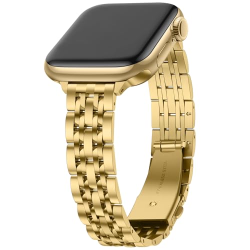 Anlinser Metallarmband Kompatibel mit Apple Watch Armband für Damen 38/40/41/42/44/45/46/49mm, Dünnes Edelstahlarmband für iWatch Ultra 2 Serie 10 9 8 7 6-1 SE (42/41/40/38mm, Gold) von Anlinser