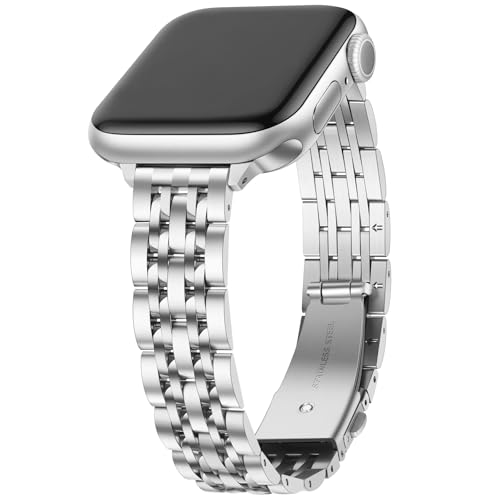 Anlinser Metallarmband Kompatibel mit Apple Watch Armband für Damen 38/40/41/42/44/45/46/49mm, Dünnes Edelstahlarmband für iWatch Ultra 2 Serie 10 9 8 7 6-1 SE (42/41/40/38mm, Silber) von Anlinser