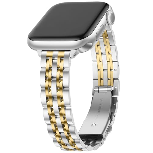 Anlinser Metallarmband Kompatibel mit Apple Watch Armband für Damen 38/40/41/42/44/45/46/49mm, Dünnes Edelstahlarmband für iWatch Ultra 2 Serie 10 9 8 7 6-1 SE (42/41/40/38mm, Silber Gold) von Anlinser