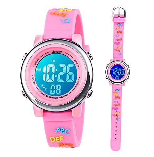 Kleinkind Kinder Digitaluhren für Mädchen Jungen,3D Cute Cartoon 7 Farblichter wasserdichte Sport Elektronische Armbanduhr mit Alarm Stoppuhr für 3-10 Jahre Kinder (Buchstabe-Rosa) von Anloo