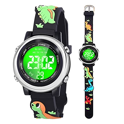 Kleinkind Kinder Digitaluhren für Mädchen Jungen,3D Cute Cartoon 7 Farblichter wasserdichte Sport Elektronische Armbanduhr mit Alarm Stoppuhr für 3-10 Jahre Kinder (Dinosaurier 3-Schwarz) von Anloo