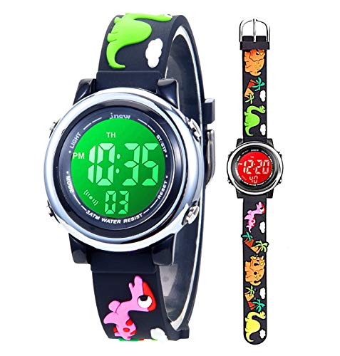 Kleinkind Kinder Digitaluhren für Mädchen Jungen,3D Cute Cartoon 7 Farblichter wasserdichte Sport Elektronische Armbanduhr mit Alarm Stoppuhr für 3-10 Jahre Kinder (Dinosaurier-Schwarz) von Anloo