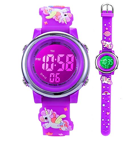 Kleinkind Kinder Digitaluhren für Mädchen Jungen,3D Cute Cartoon 7 Farblichter wasserdichte Sport Elektronische Armbanduhr mit Alarm Stoppuhr für 3-10 Jahre Kinder (Einhorn-Lila) von Anloo