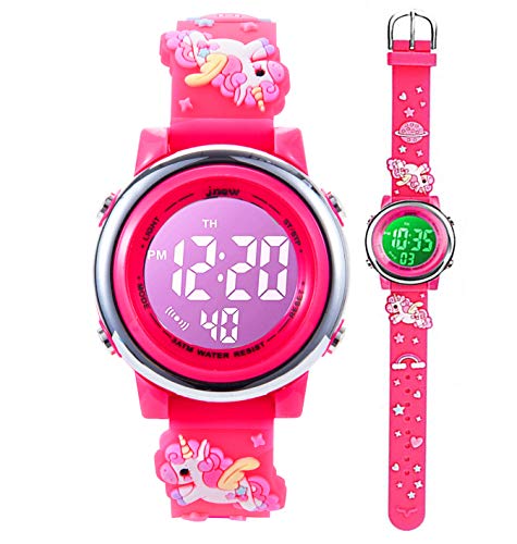 Kleinkind Kinder Digitaluhren für Mädchen Jungen,3D Cute Cartoon 7 Farblichter wasserdichte Sport Elektronische Armbanduhr mit Alarm Stoppuhr für 3-10 Jahre Kinder (Einhorn-Rose Rot) von Anloo