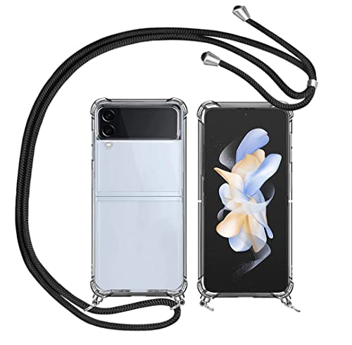 Handykette Kompatibel mit Samsung Galaxy Z Flip 4 5G Hülle,Necklace Handyhülle mit Abnehmbar Kordel zum Umhängen Transparent Silikon Schutzhülle mit Band in Schwarz von Anlxhj
