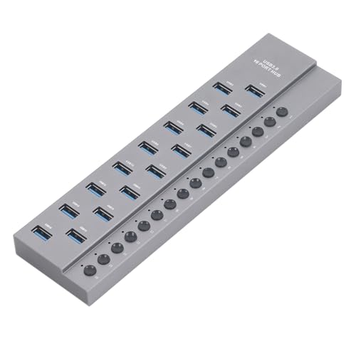 16 Ports USB 3.0-Hub, Hochgeschwindigkeitsübertragung, Industrieller USB 3.0-Datenhub aus Aluminiumlegierung mit Individuellen Netzschaltern für XP 7 8 10 11 (EU-Stecker) von Annadue