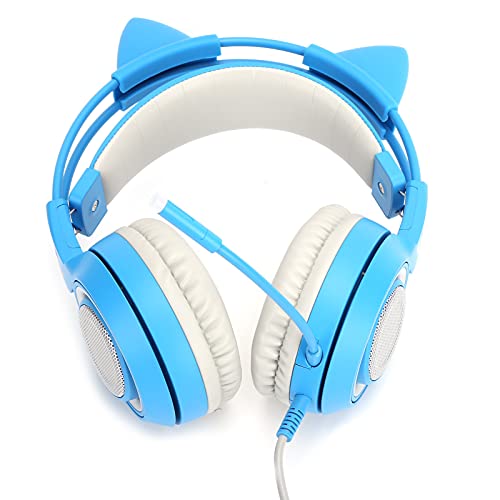 Annadue 3,5-MM-Universal-Stereo-Gaming-Headset für/für/PC/Mobiltelefon, Noise Cancelling-Mikrofon-Over-Ear-Kopfhörer für Freundin Frauen, LED-Licht, Abnehmbares Katzenohr (Blau) von Annadue