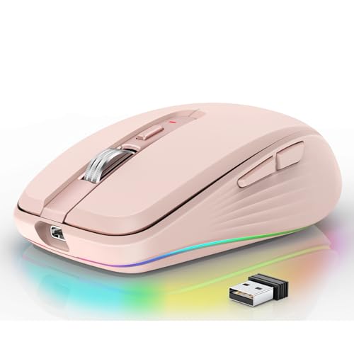 Annadue Kabellose Bluetooth Maus, Tragbare Ergonomische Dual Mode Funkmaus Bluetooth mit Empfänger, 2400 DPI Einstellbare Bluetooth Maus mit RGB Lichtern für Laptop Desktop (Rosa) von Annadue