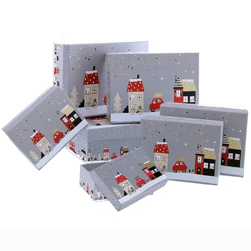 7-tlg. Set Geschenkkarton für Weihnachten - Geschenkboxen für Weihnachten - Große Geschenkkarton Weihnachten - Pappschachteln für Weihnachten - Geschenkschachteln Weihnachten Farbe Häuser von Annastore