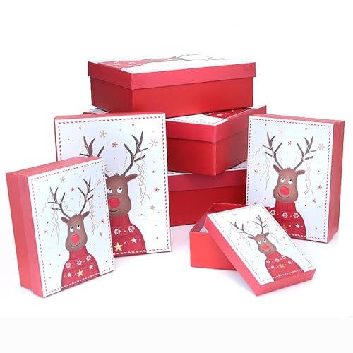 7-tlg. Set Geschenkkarton für Weihnachten - Geschenkboxen für Weihnachten - Große Geschenkkarton Weihnachten - Pappschachteln für Weihnachten - Geschenkschachteln Weihnachten Farbe Rentier mit Lametta von Annastore