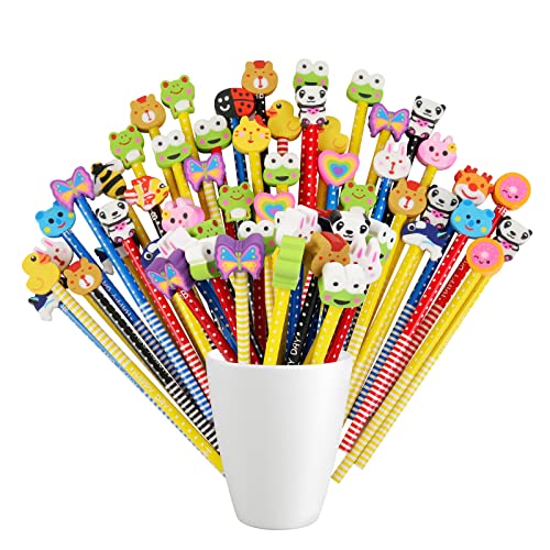 Annhao HB Bleistift Set, 50 Stück, mit Radiergummi von Tiere Sonne Schmetterling etc für Geburtstag Mitgebsel Kinder Party Gastgeschenk 18,5 cm (7,28 Zoll Zufällige Muster und Farben) von Annhao