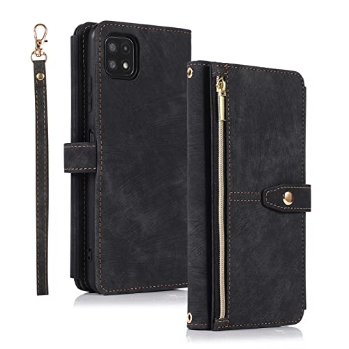 Annuo Handyhülle Samsung A22 5G Hülle Vintage Leder Magnetic Closure Etui Klapphülle Wallet Samsung A22 5G Handytasche Anti-Diebstahl Reißverschluss Flip Cover für Samsung Galaxy A22 5G Schwarz von Annuo