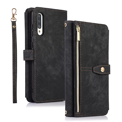 Annuo Handyhülle Samsung A70/A70S Hülle Vintage Leder Magnetic Closure Etui Klapphülle Wallet Samsung A70/A70S Handytasche Anti-Diebstahl Reißverschluss Flip Cover für Samsung Galaxy A70/A70S Schwarz von Annuo