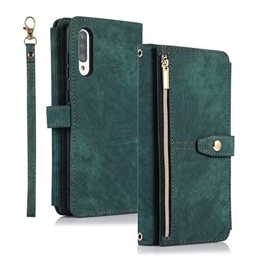 Annuo Handyhülle Samsung A70/A70S Hülle Vintage Leder Magnetic Closure Etui Klapphülle Wallet Samsung A70/A70S Handytasche Anti-Diebstahl Reißverschluss Flip Cover für Samsung Galaxy A70/A70S Grün von Annuo