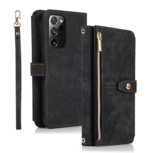 Annuo Handyhülle Samsung Note 20 Ultra Hülle Vintage Leder Magnetic Etui Klapphülle Samsung Note 20 Ultra Handytasche Anti-Diebstahl Reißverschluss Flip Cover für Samsung Note 20 Ultra Schwarz von Annuo