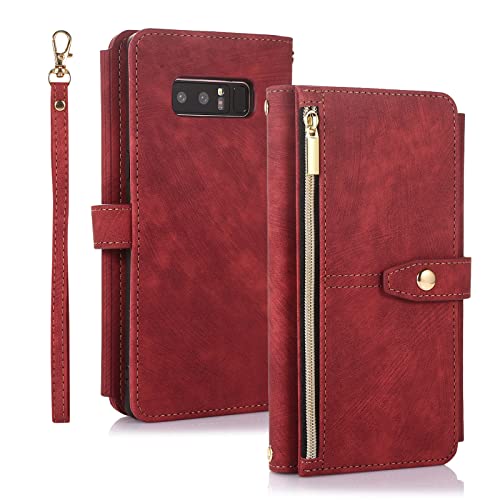 Annuo Handyhülle Samsung Note 8 Hülle Vintage Leder Magnetic Closure Etui Klapphülle Wallet Samsung Note 8 Handytasche Anti-Diebstahl Reißverschluss Flip Cover für Samsung Galaxy Note 8 Rot von Annuo