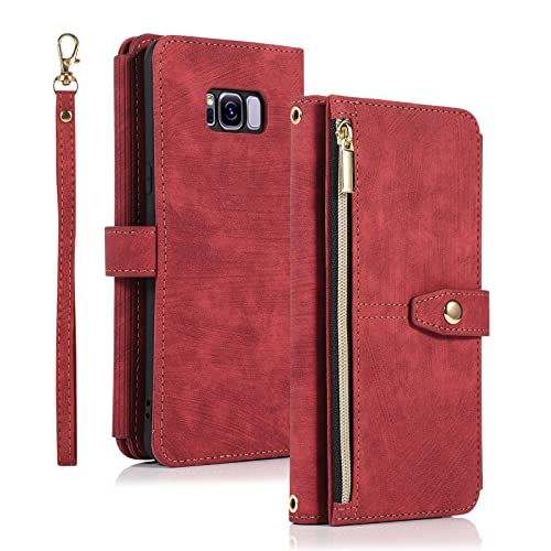 Annuo Handyhülle Samsung S8 Hülle Vintage Leder Magnetic Closure Etui Klapphülle Wallet Samsung S8 Handytasche Anti-Diebstahl Reißverschluss Flip Cover für Samsung Galaxy S8 Rot von Annuo