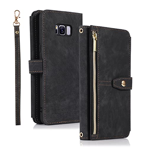 Annuo Handyhülle Samsung S8 Plus Hülle Vintage Leder Magnetic Closure Etui Klapphülle Wallet Samsung S8 Plus Handytasche Anti-Diebstahl Reißverschluss Flip Cover für Samsung Galaxy S8 Plus Schwarz von Annuo