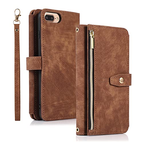 Annuo Handyhülle iPhone 7/8 Plus Hülle Vintage Leder Magnetic Closure Etui Klapphülle Wallet iPhone 7/8 Plus Handytasche Anti-Diebstahl Reißverschluss Flip Cover für iPhone 7/8 Plus Braun von Annuo