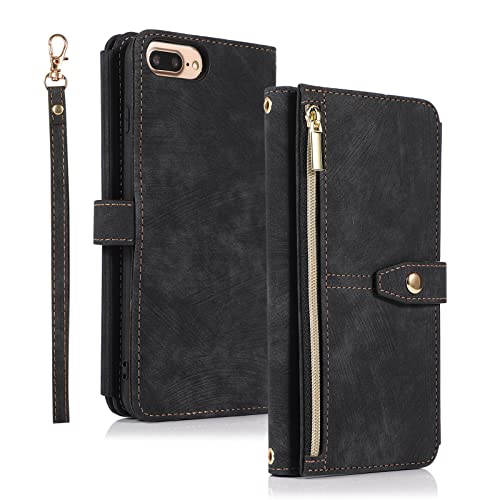 Annuo Handyhülle iPhone 7/8 Plus Hülle Vintage Leder Magnetic Closure Etui Klapphülle Wallet iPhone 7/8 Plus Handytasche Anti-Diebstahl Reißverschluss Flip Cover für iPhone 7/8 Plus Schwarz von Annuo