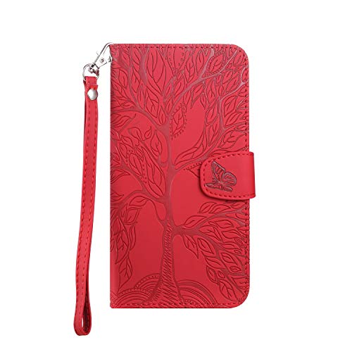 Annuo Samsung Galaxy A20 hülle, Flip Wallet Case mit Magnetverschluss, 3D Holzmaserung Handyhülle Wallet für Standfunktion, rot von Annuo