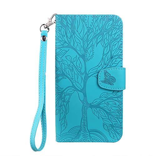 Annuo Samsung Galaxy A40 hülle, Flip Wallet Case mit Magnetverschluss, 3D Holzmaserung Handyhülle Wallet für Standfunktion, Blau von Annuo