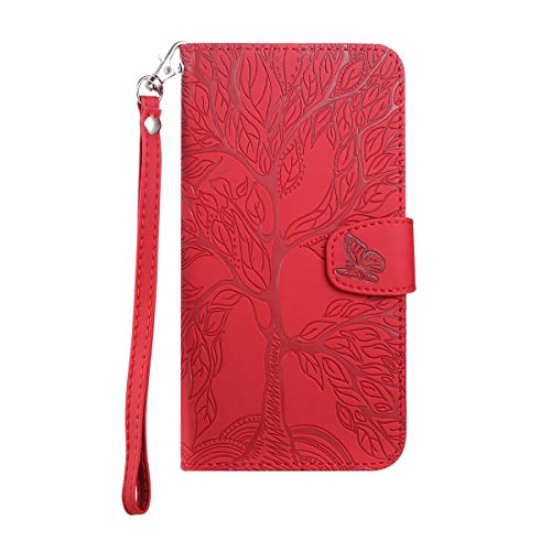 Annuo Samsung Galaxy S21 5G hülle, Flip Wallet Case mit Magnetverschluss, 3D Holzmaserung Handyhülle Wallet für Standfunktion, rot von Annuo