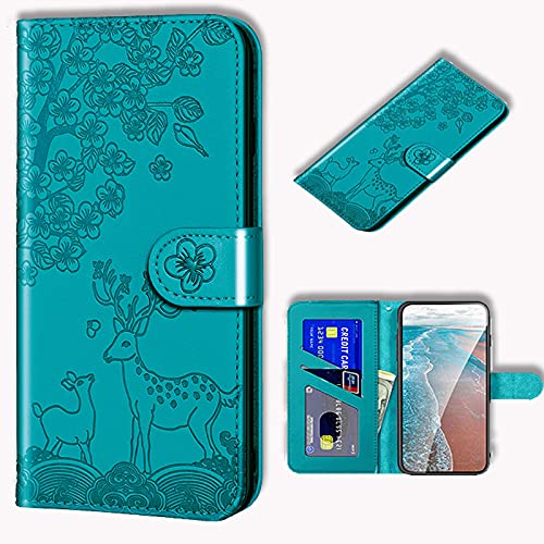 Annuo Samsung Galaxy S9 Hülle Leder,Handyhülle Samsung Galaxy S9 Handytasche[schlank][Kartenfach][Standfunktion][Premium-Leder][Brieftasche-Stil][flip-magnetverschluss][Embossed Plum Deer] Blau von Annuo