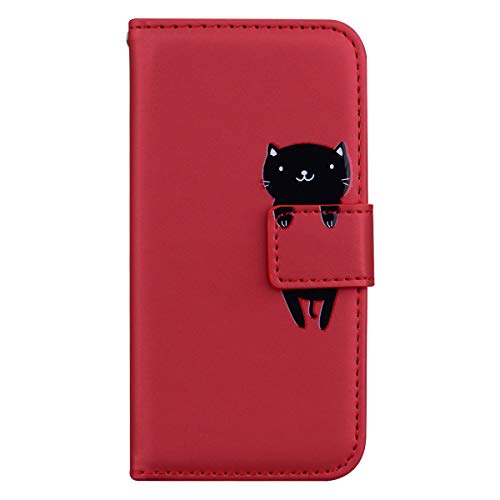 Annuo handyhülle Huawei Y6 2019 Hülle Stoßfeste Brieftasche Cartoon Katze Muster Handytasche Huawei Y6 2019 etui klapphülle Wallet Schutzhülle Huawei Y6 2019 Tasche Leder Rot von Annuo