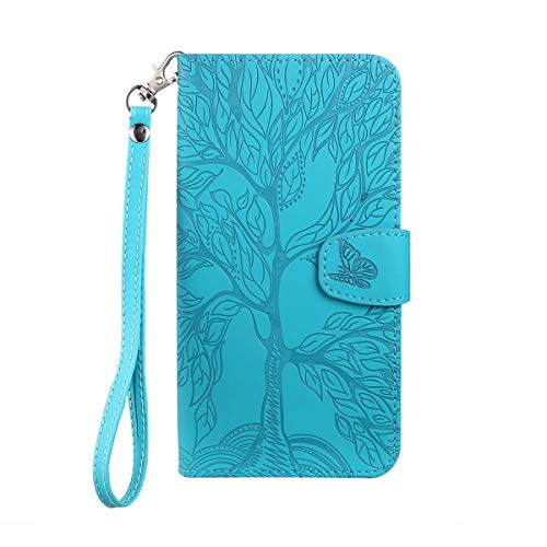 Annuo iPhone 12 Mini hülle, Flip Wallet Case mit Magnetverschluss, 3D Holzmaserung Handyhülle Wallet für Standfunktion, Blau von Annuo