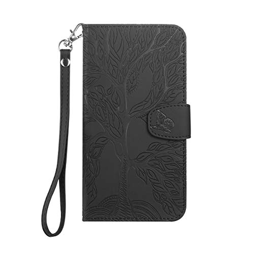 Annuo iPhone XS/X hülle, Flip Wallet Case mit Magnetverschluss, 3D Holzmaserung Handyhülle Wallet für Standfunktion, Schwarz von Annuo