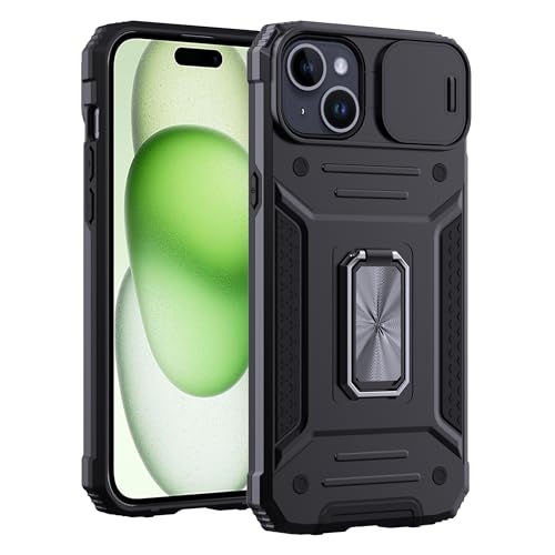 Anoowkoa für iPhone 15 Plus Hülle, Handyhülle Kameraschutz mit Slide Camera,Militär Standard Stoßfest Case 360 Metall Ring Halter Schutzhülle Cover Schwar von Anoowkoa